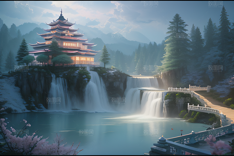 白云缥缈粉色桃花梦幻光影