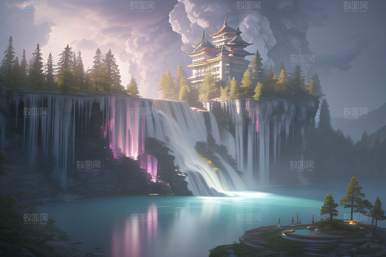 白云缥缈粉色桃花梦幻光影