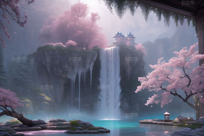 白云缥缈粉色桃花梦幻光影