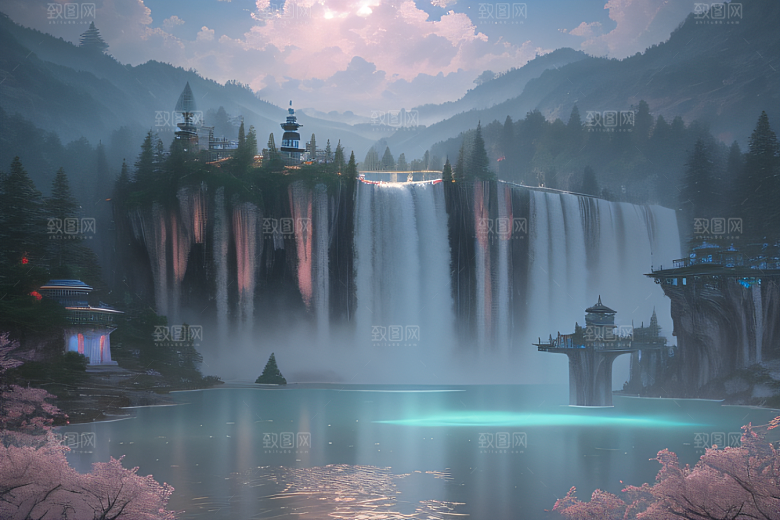 水晶般的梦幻柔和的光芒白云飘渺