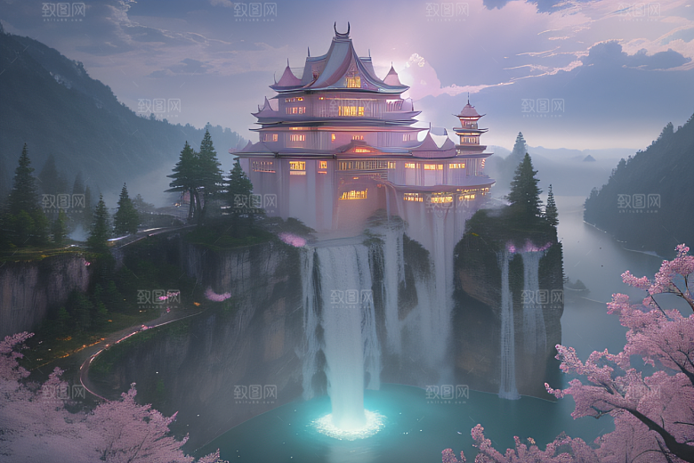 水晶般的梦幻柔和的光芒白云飘渺