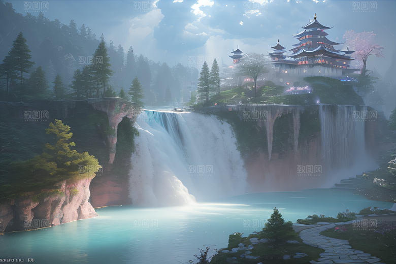 水晶般的梦幻柔和的光芒白云飘渺