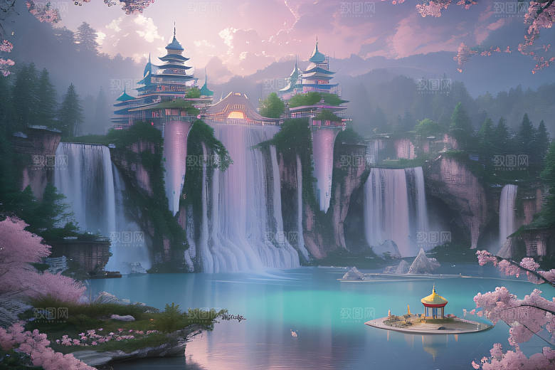世外桃源白瓷宫殿水雾缭绕