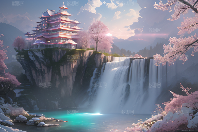 世外桃源白瓷宫殿水雾缭绕