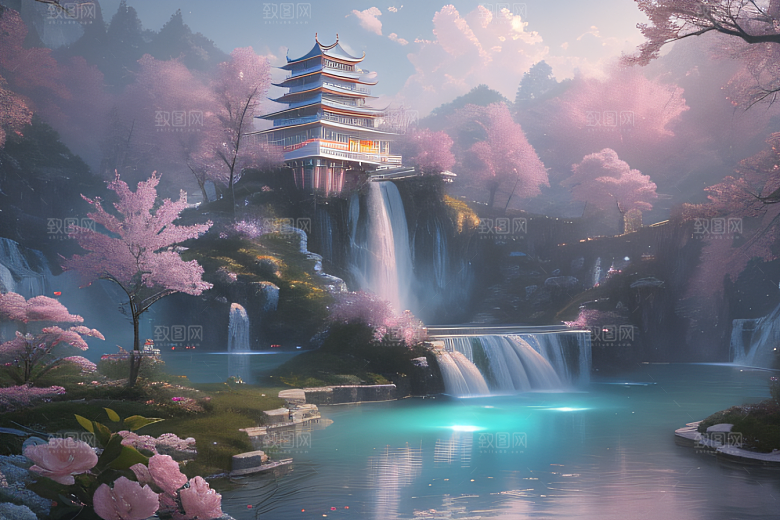 世外桃源白瓷宫殿水雾缭绕