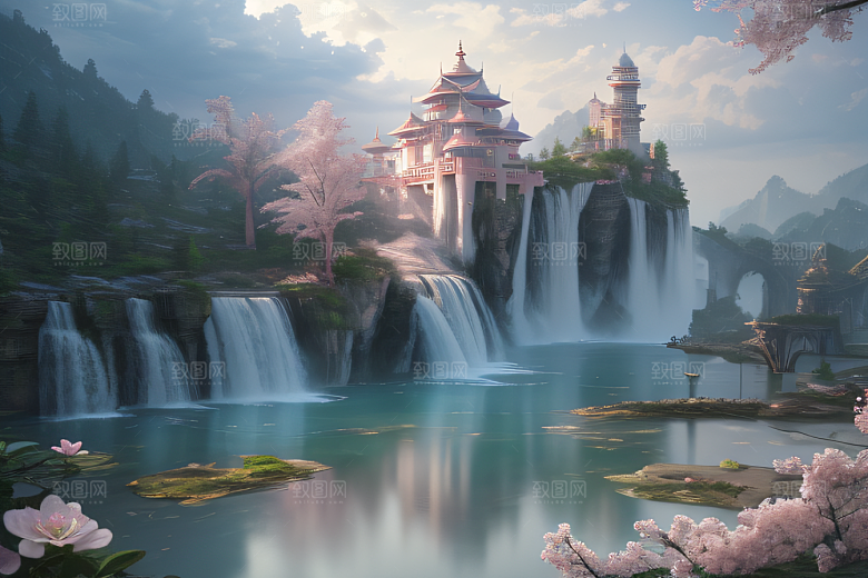 世外桃源白瓷宫殿水雾缭绕