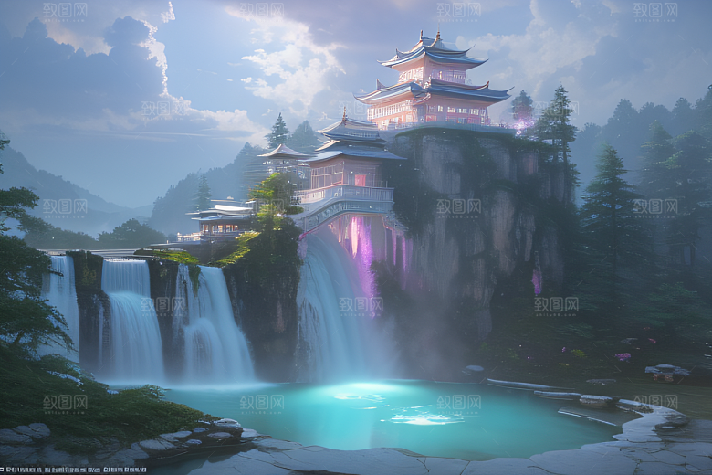 世外桃源白瓷宫殿水雾缭绕