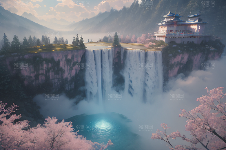 世外桃源白瓷宫殿水雾缭绕