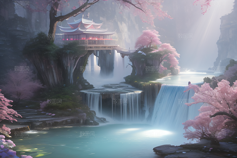 世外桃源白瓷宫殿水雾缭绕