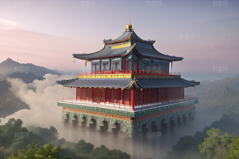 银色古宫殿彩云气泡萦绕的壮丽全景