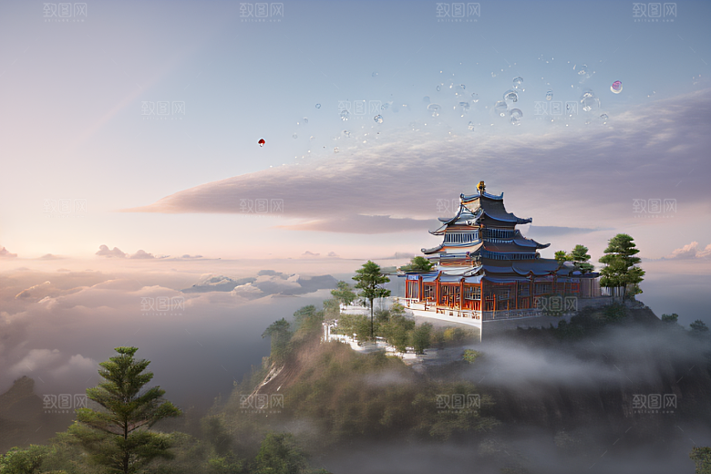 银色古宫殿彩云气泡萦绕的壮丽全景