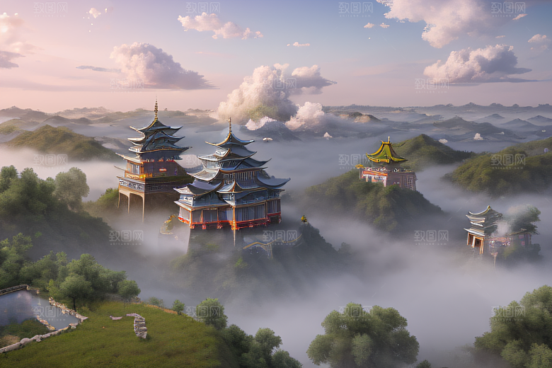 银色古宫殿彩云气泡萦绕的壮丽全景