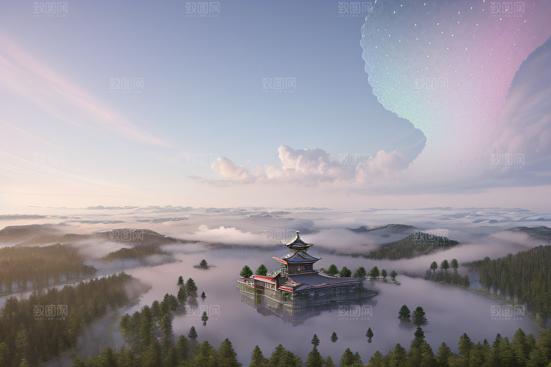 银色古宫殿彩云气泡萦绕的壮丽全景