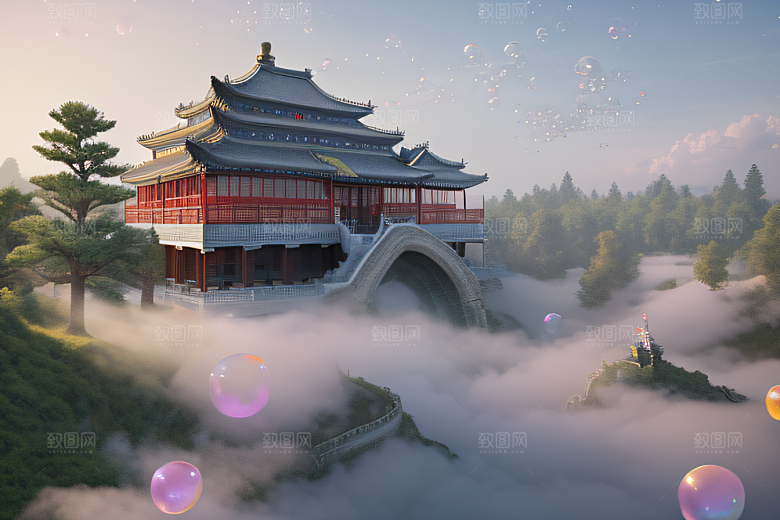 银色古宫殿彩云气泡萦绕的壮丽全景