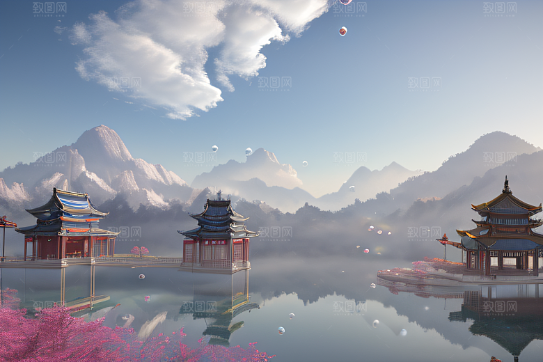 银色古宫殿彩云气泡萦绕的壮丽全景