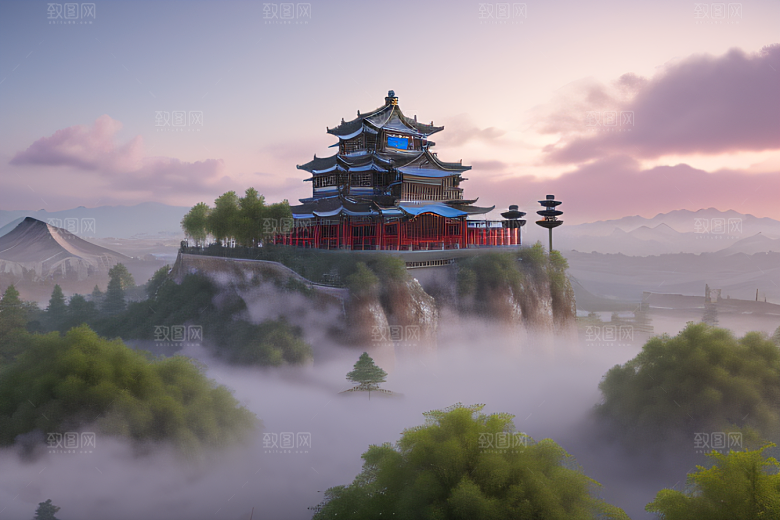 银色古宫殿层层彩云环绕的绝美风景