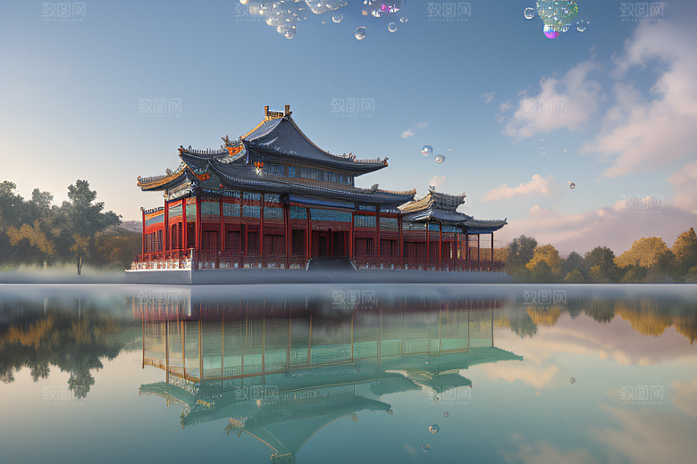 银色古宫殿层层彩云环绕的绝美风景