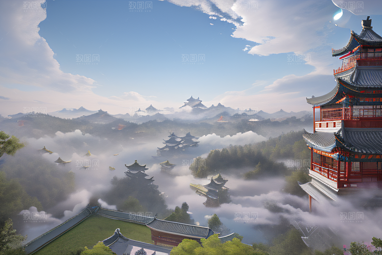 银色古宫殿层层彩云环绕的绝美风景