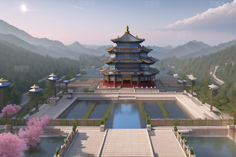 银色古宫殿层层彩云环绕的绝美风景