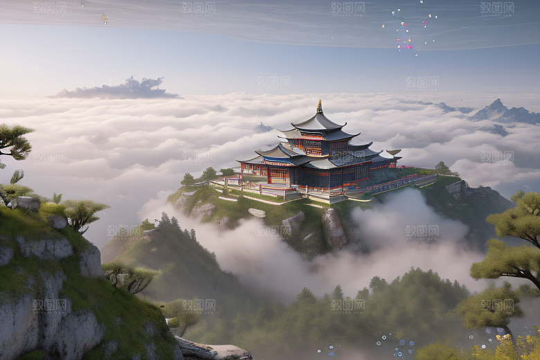 银色古宫殿层层彩云环绕的绝美风景