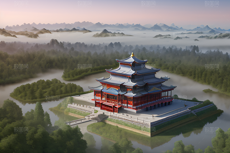 银色古宫殿层层彩云环绕的绝美风景