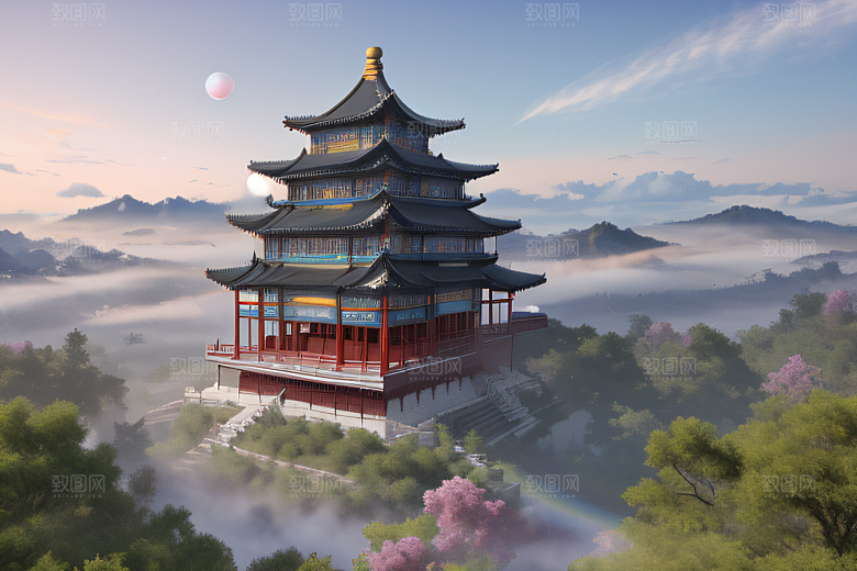 银色古宫殿层层彩云环绕的绝美风景