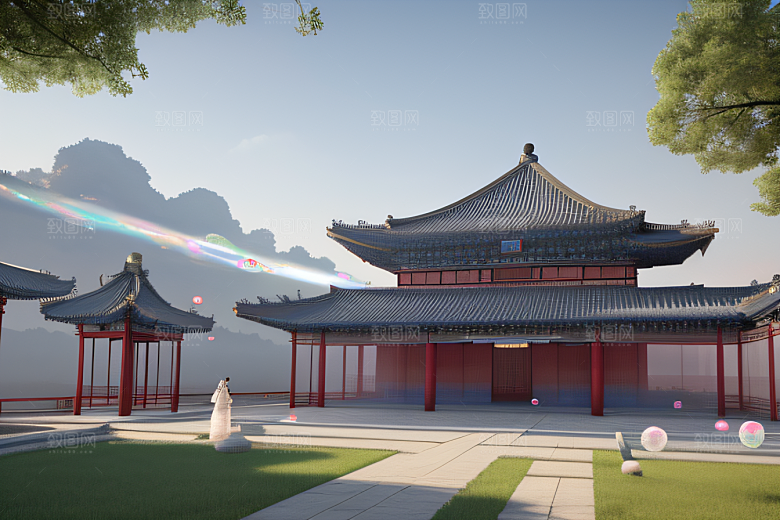 银色古宫殿层层彩云环绕的绝美风景