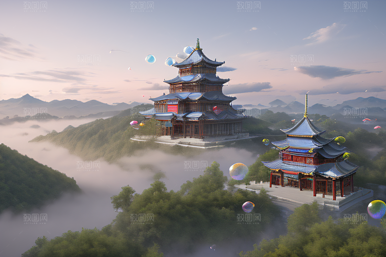 银色古宫殿层层彩云环绕的绝美风景