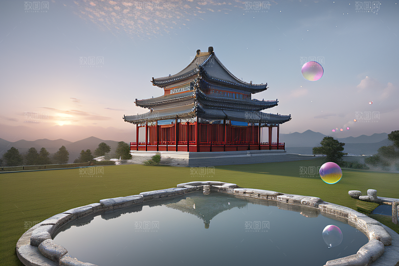 银色古宫殿层层彩云环绕的绝美风景