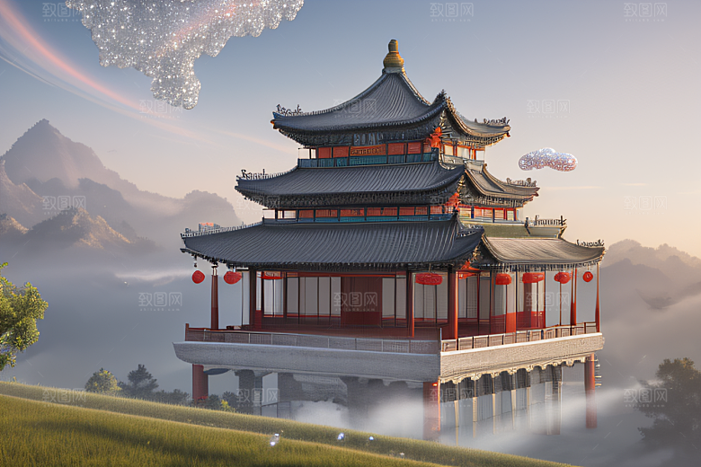 银色古宫殿层层彩云环绕的绝美风景
