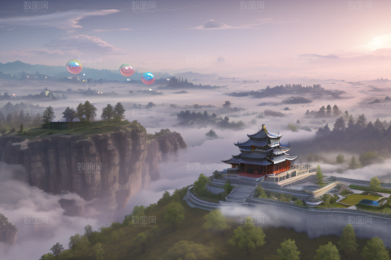 银色古宫殿层层彩云环绕的绝美风景