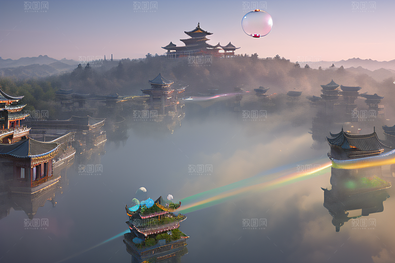 银色古宫殿层层彩云环绕的绝美风景