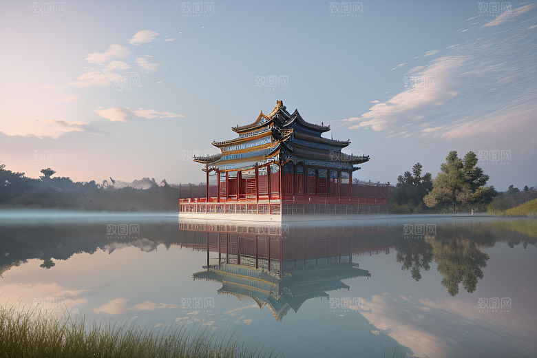 银色古宫殿层层彩云环绕的绝美风景