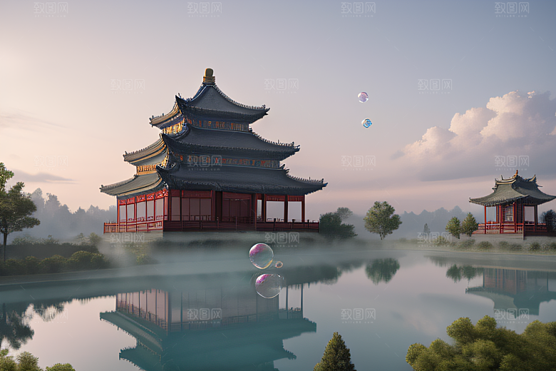 银色古宫殿层层彩云环绕的绝美风景