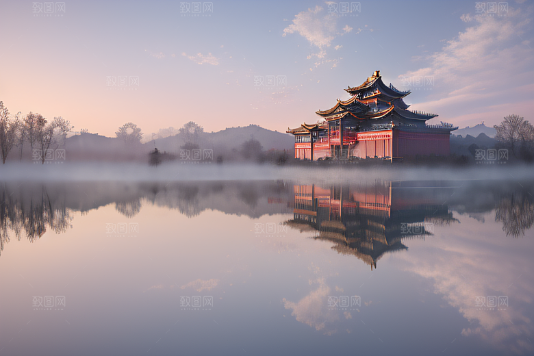 空灵景象云上三座银色古宫殿