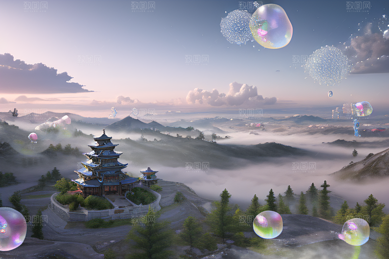 空灵景象云上三座银色古宫殿