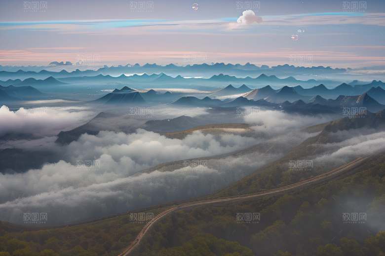 空灵景象云上三座银色古宫殿