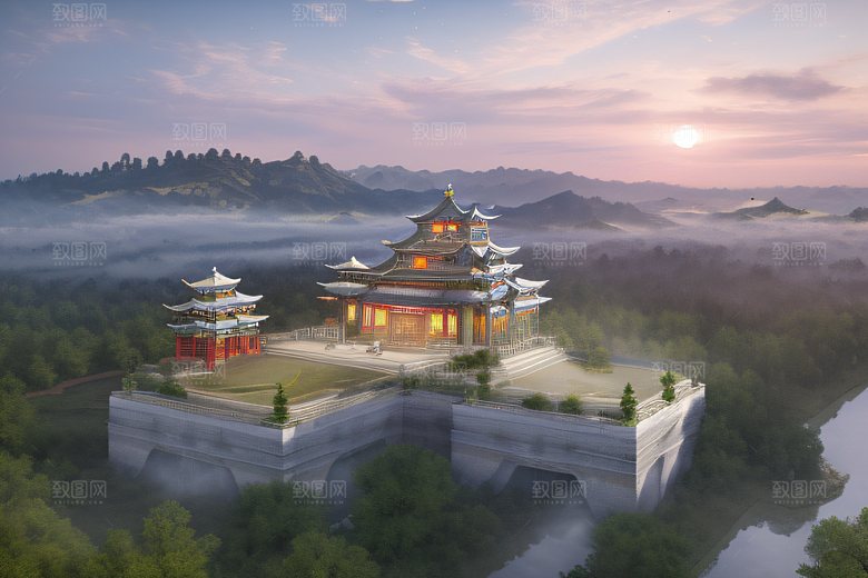 空灵景象云上三座银色古宫殿