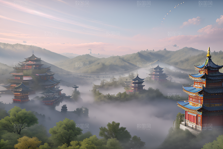 空灵景象云上三座银色古宫殿