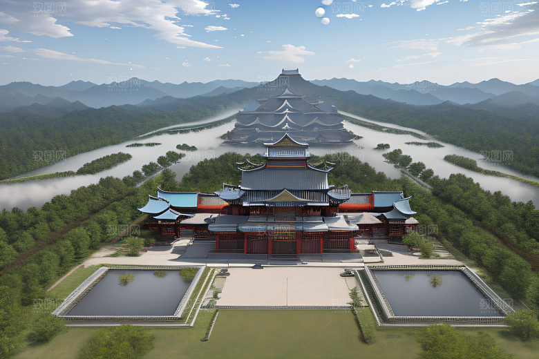 空灵景象云上三座银色古宫殿