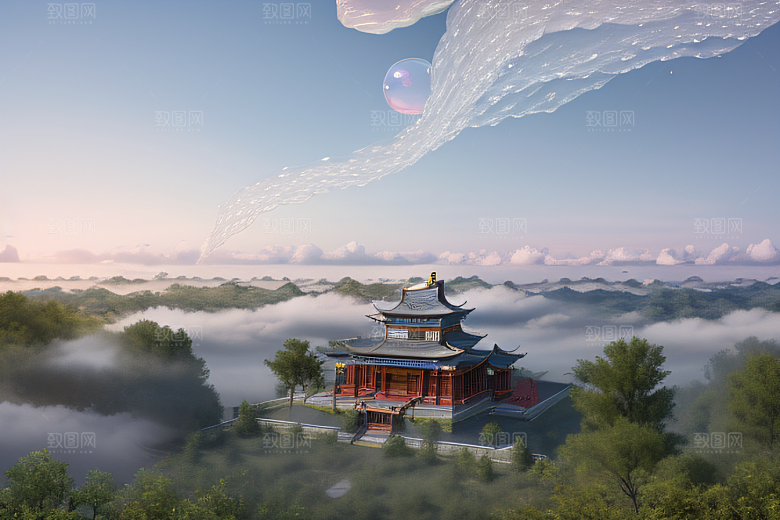 空灵景象云上三座银色古宫殿