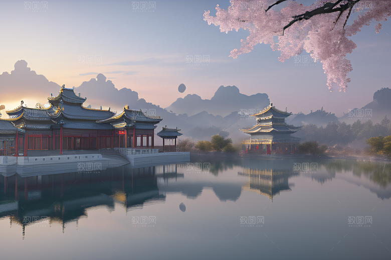 空灵景象云上三座银色古宫殿