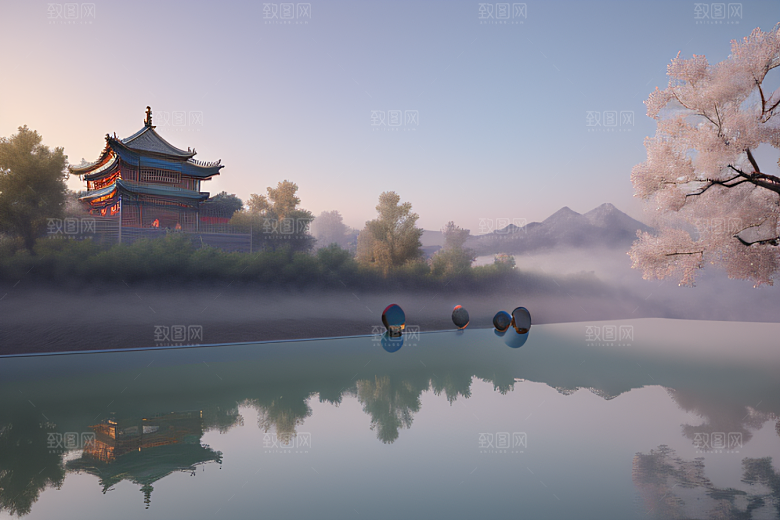 空灵景象云上三座银色古宫殿