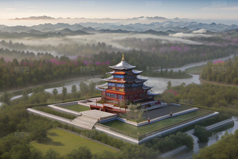 空灵景象云上三座银色古宫殿