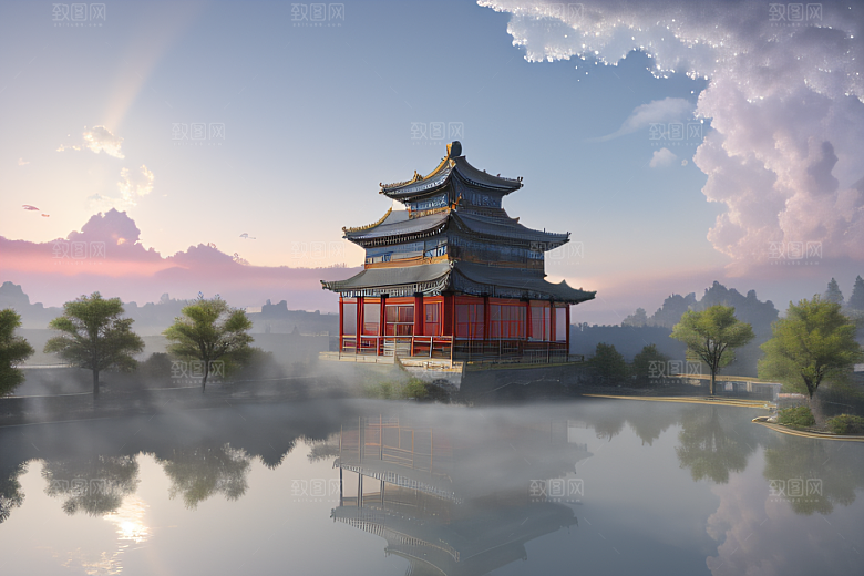 空灵景象云上三座银色古宫殿