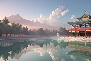 空灵景象云上三座银色古宫殿