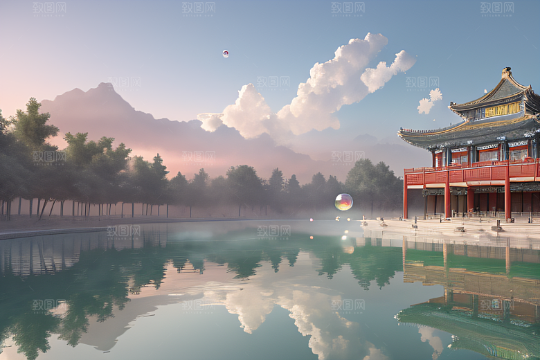 空灵景象云上三座银色古宫殿