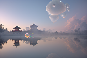 空灵景象云上三座银色古宫殿