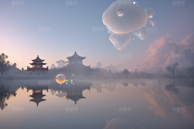 空灵景象云上三座银色古宫殿