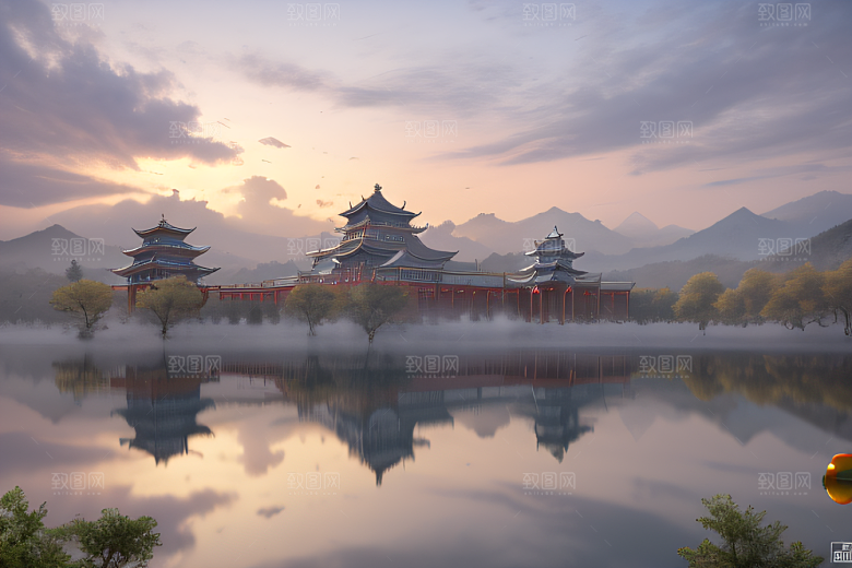 空灵景象云上三座银色古宫殿